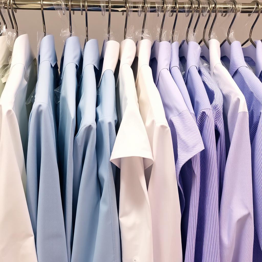 Freshly pressed shirts on hangers wrapped in clear plastic